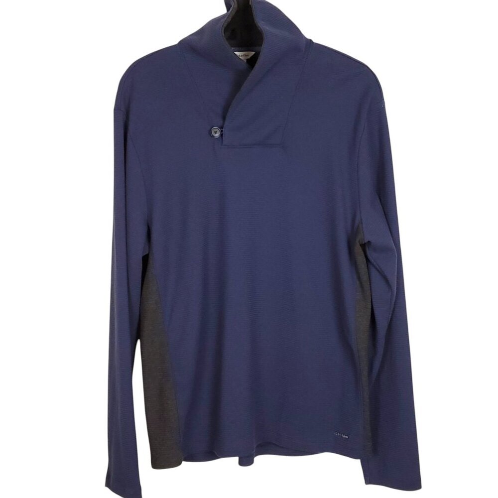 Calvin Klein Sweater Mens Large Blue Shawl Collar Pullover Preppy Casual Cotton